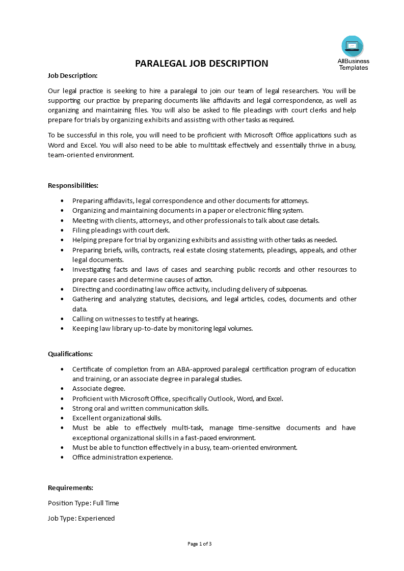 paralegal job description template