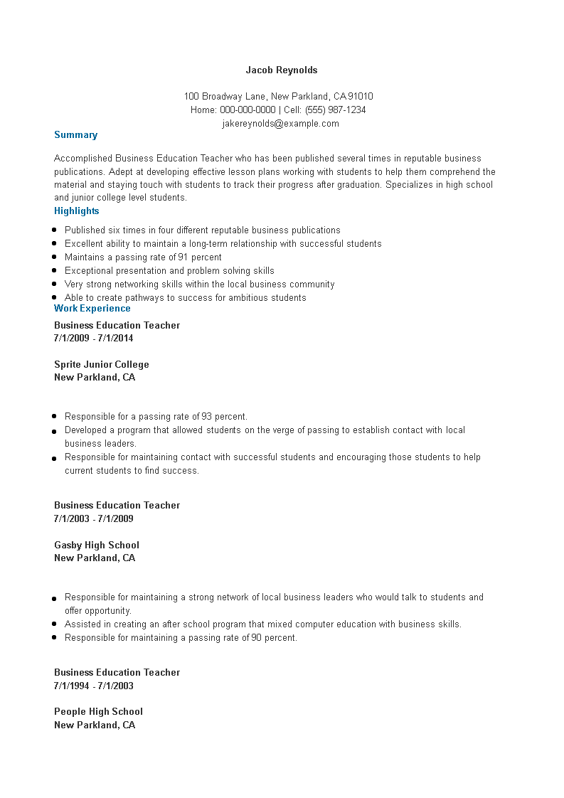 Sample Business Education Teacher Resume 模板