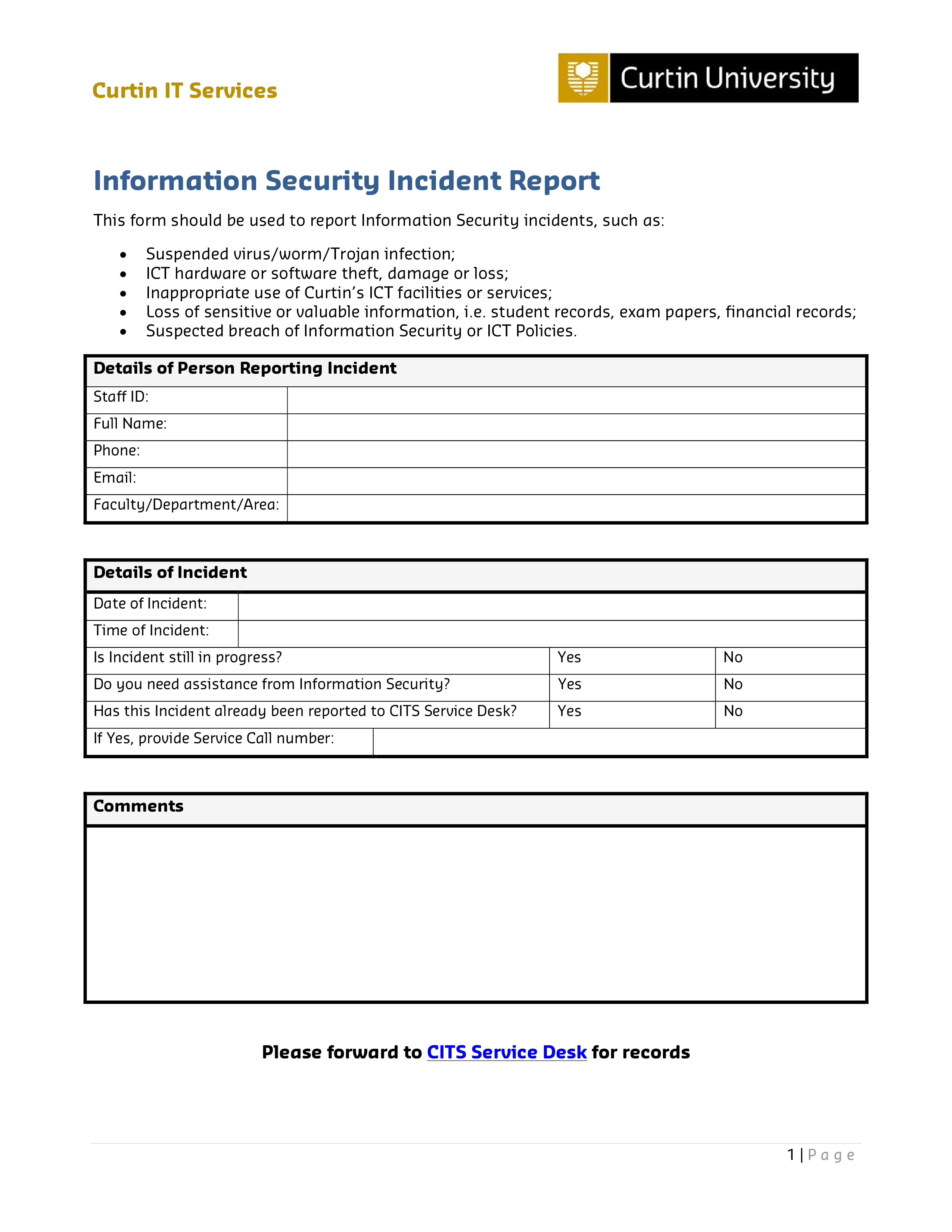 Kostenloses IT Services Security Incident Report Throughout Office Incident Report Template