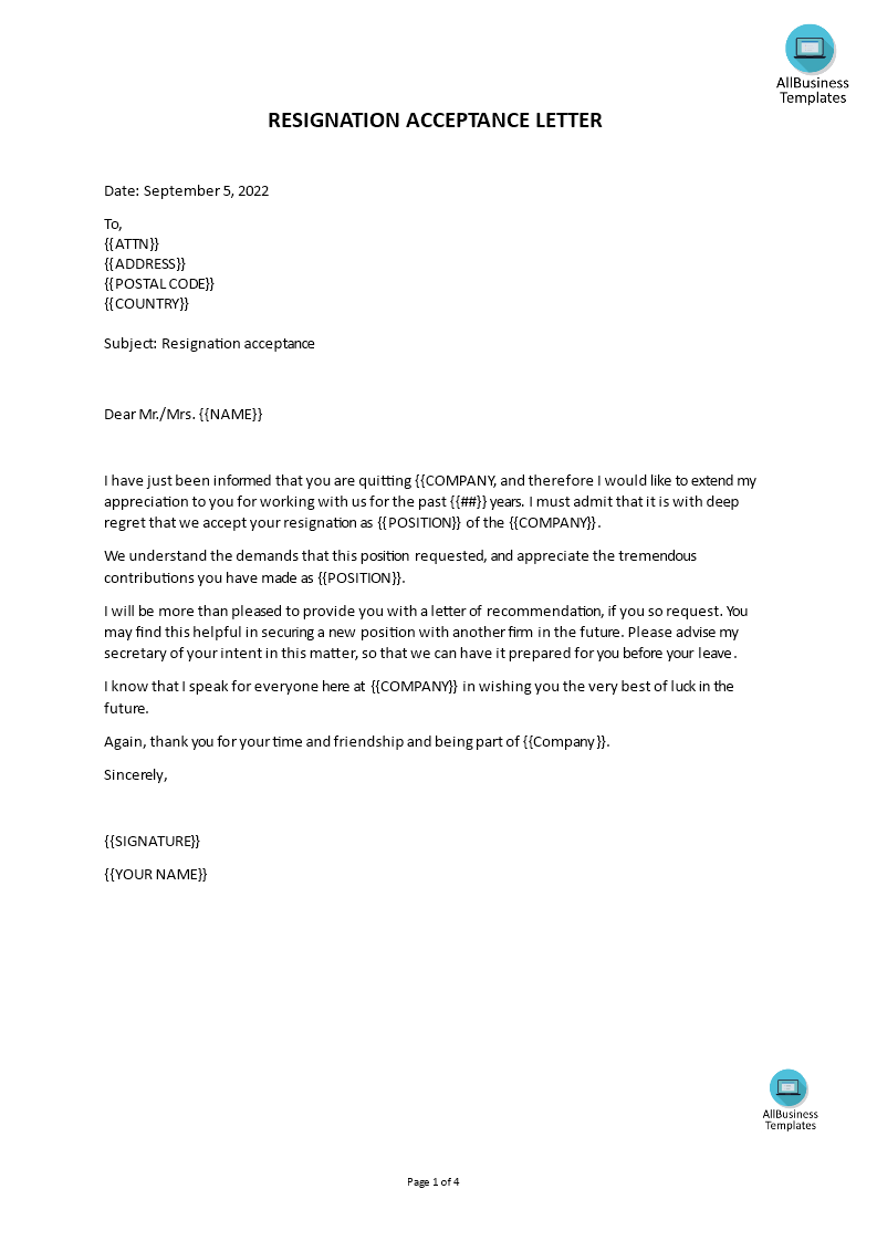 resignation acceptance letter template voorbeeld afbeelding 