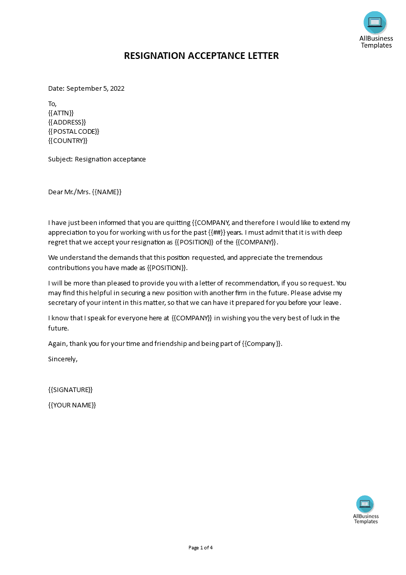 resignation acceptance letter template modèles