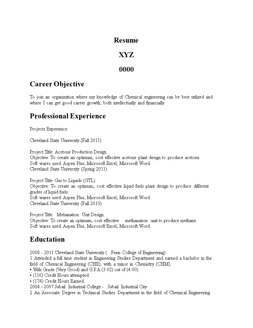 chemical engineering graduate resume template