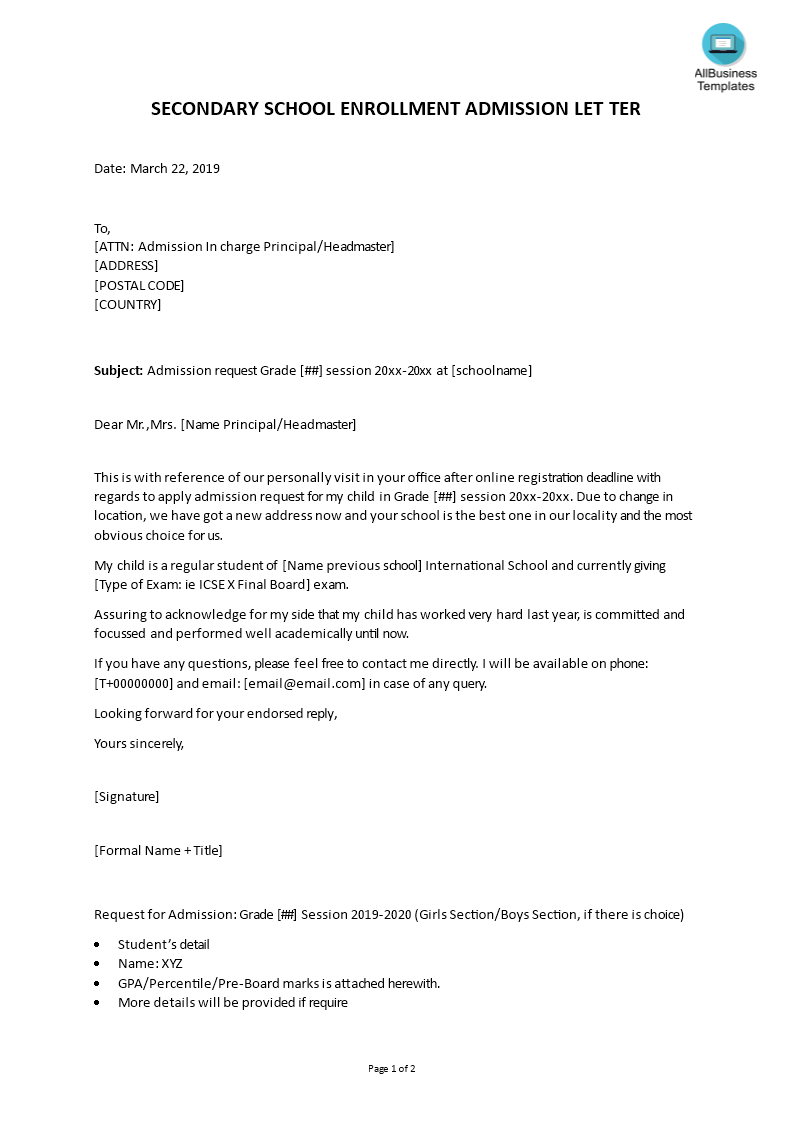 Kostenloses Admission Request Undergraduate Letter