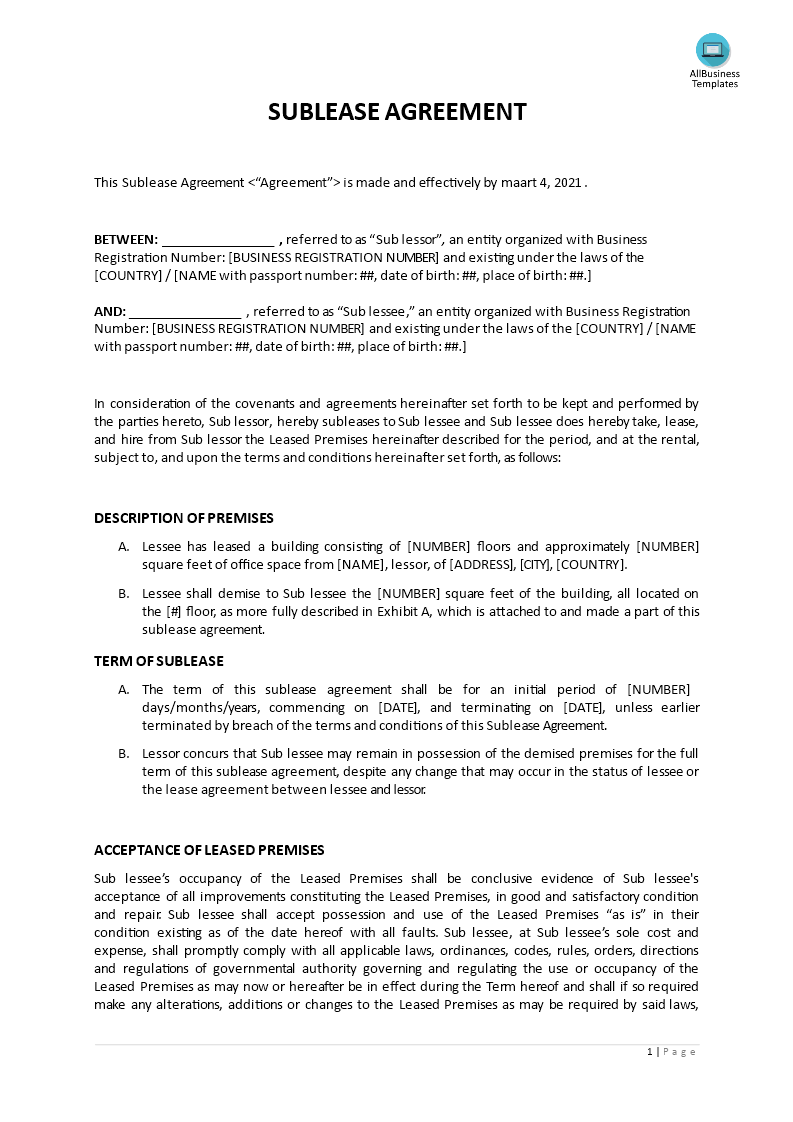 Sublease Agreement 模板