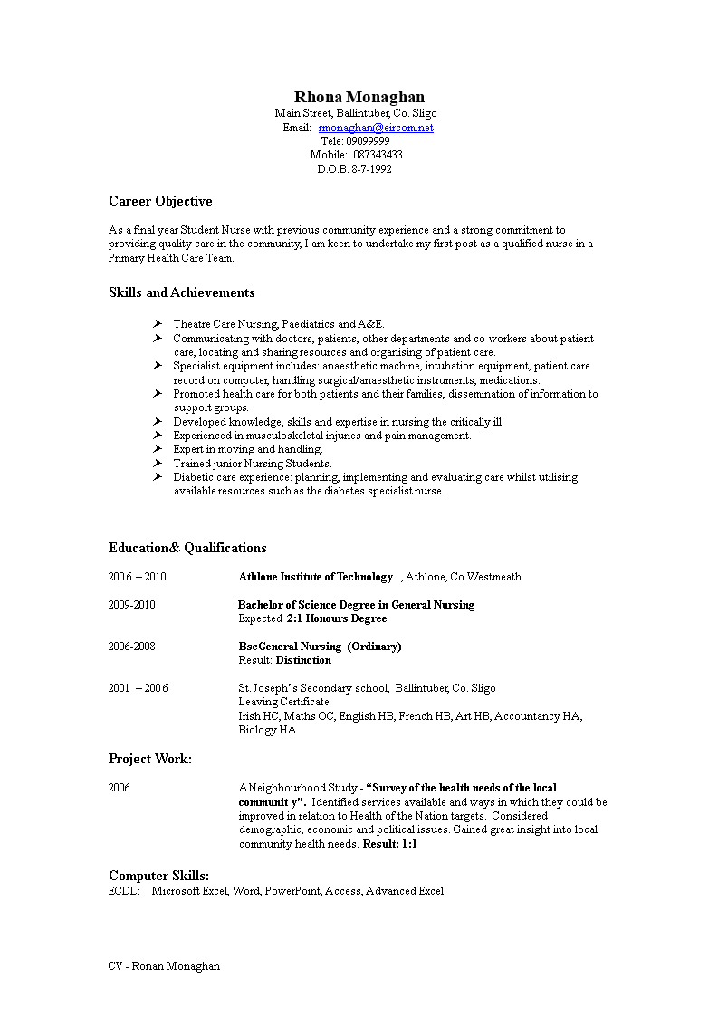 sample final year nursing student resume template