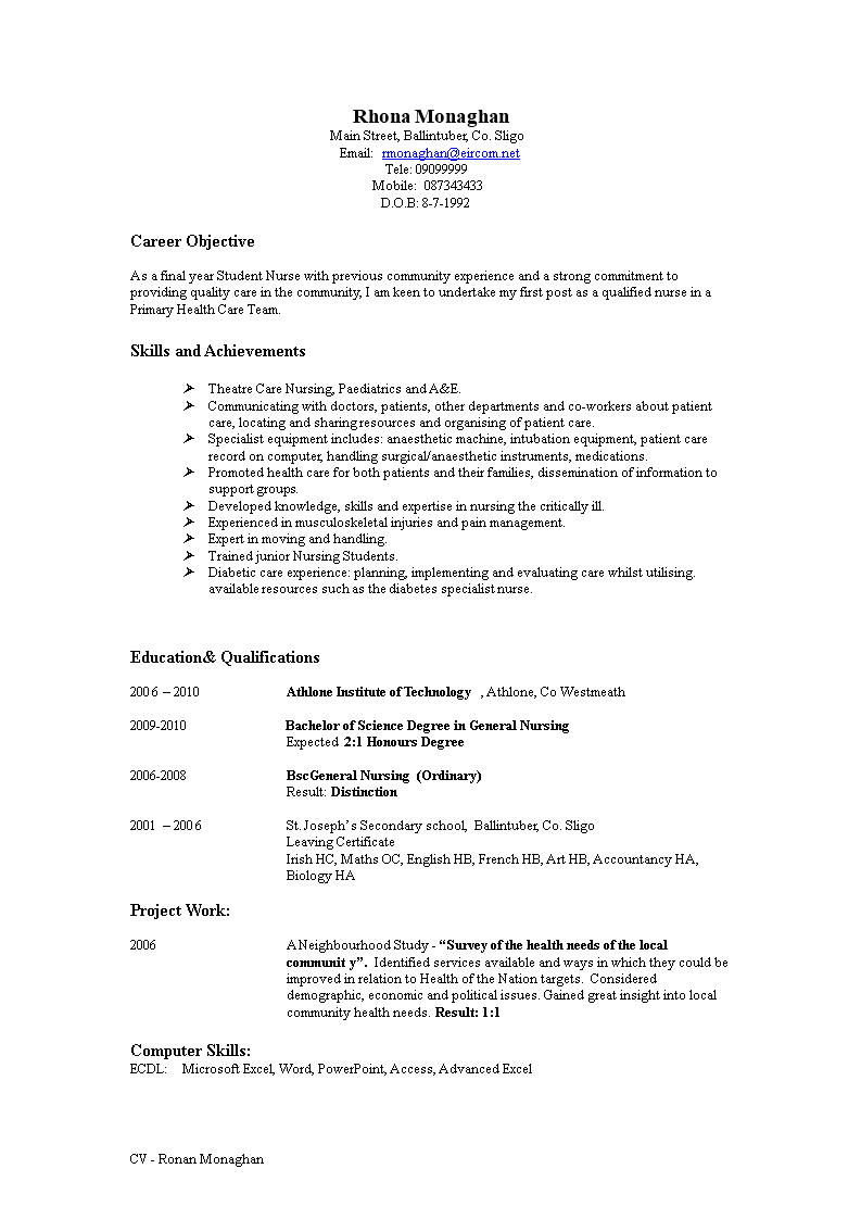 sample final year nursing student resume voorbeeld afbeelding 