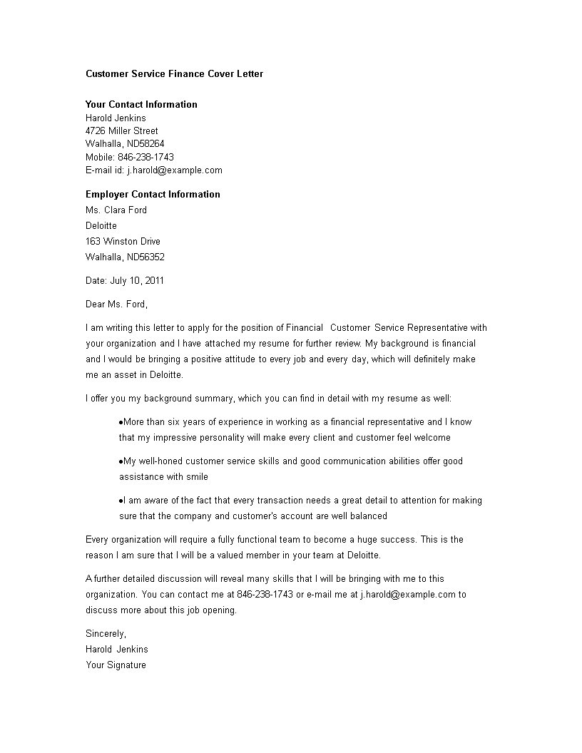 customer service finance cover letter template