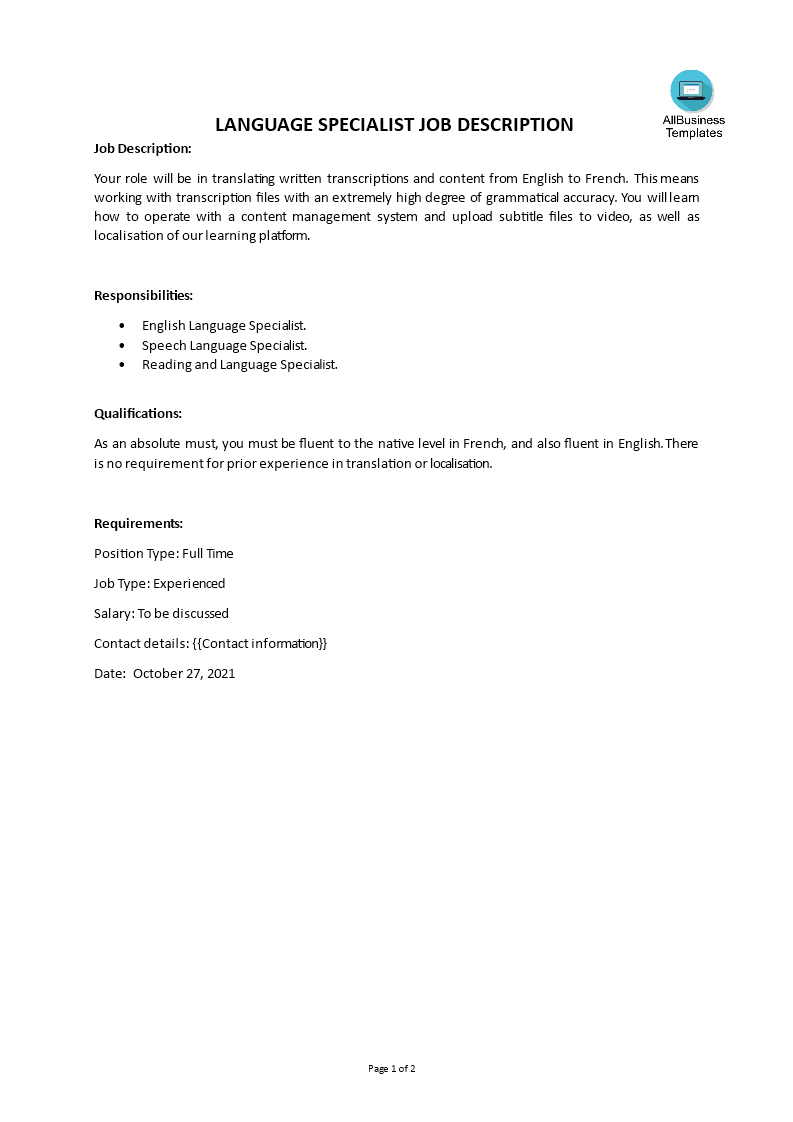 language specialist job description template