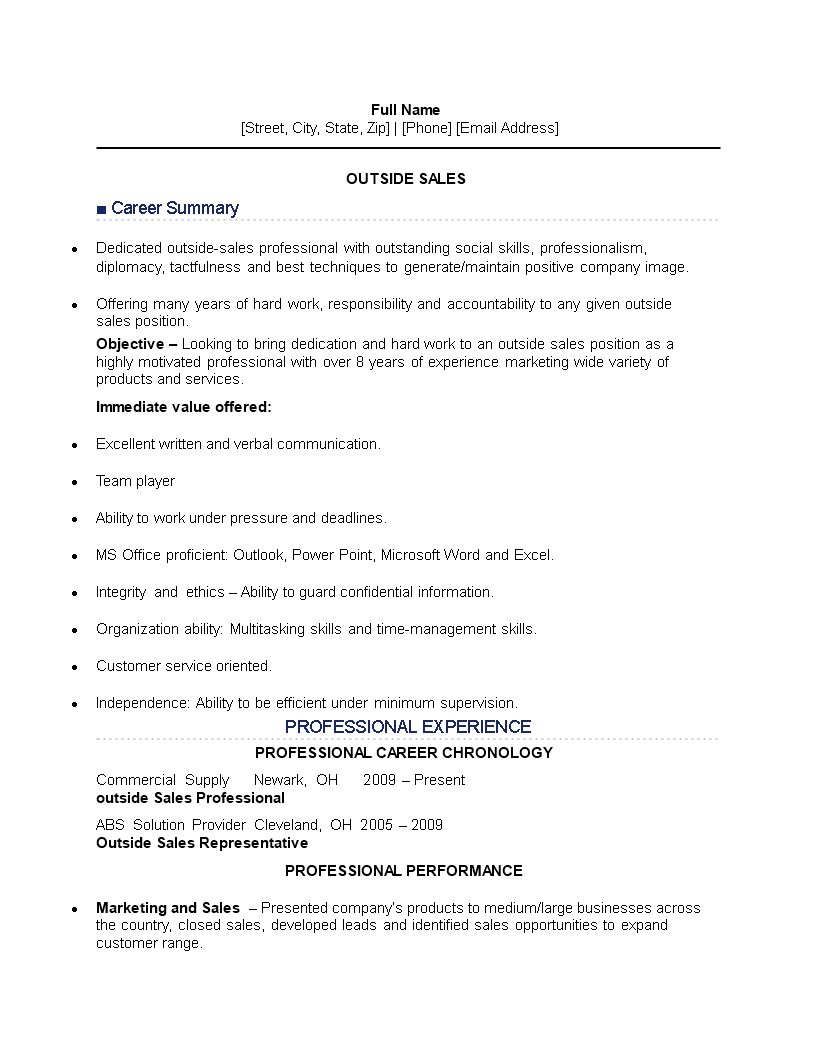 Outside Sales Job Resume main image