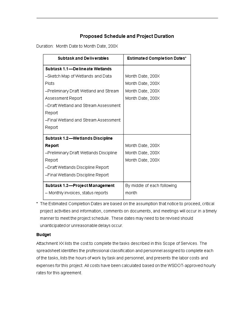 proposed schedule and project duration template voorbeeld afbeelding 