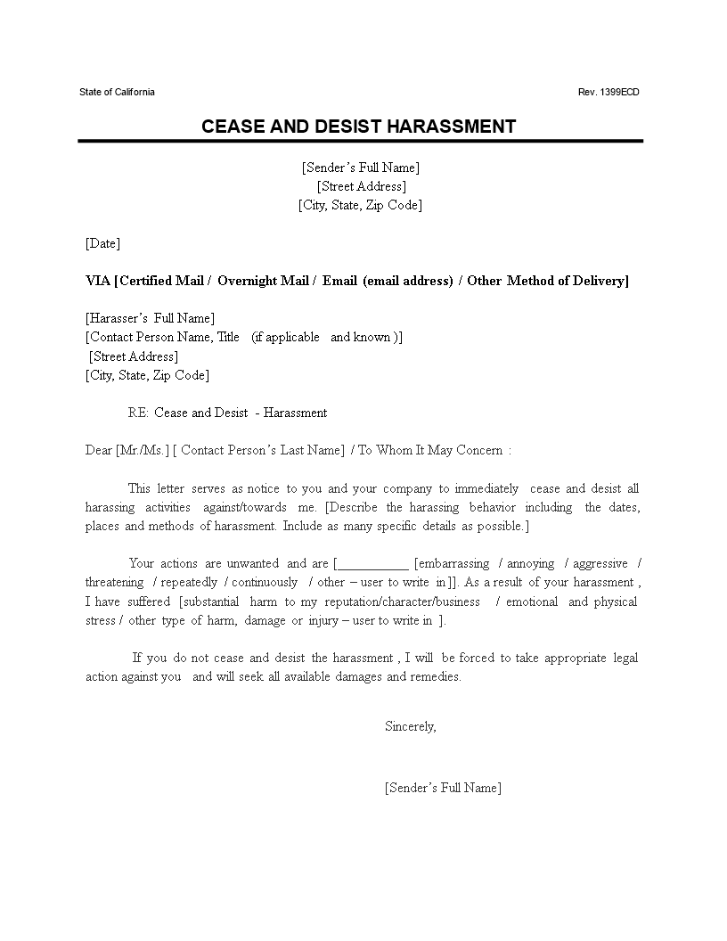 updated cease and desist harassment template