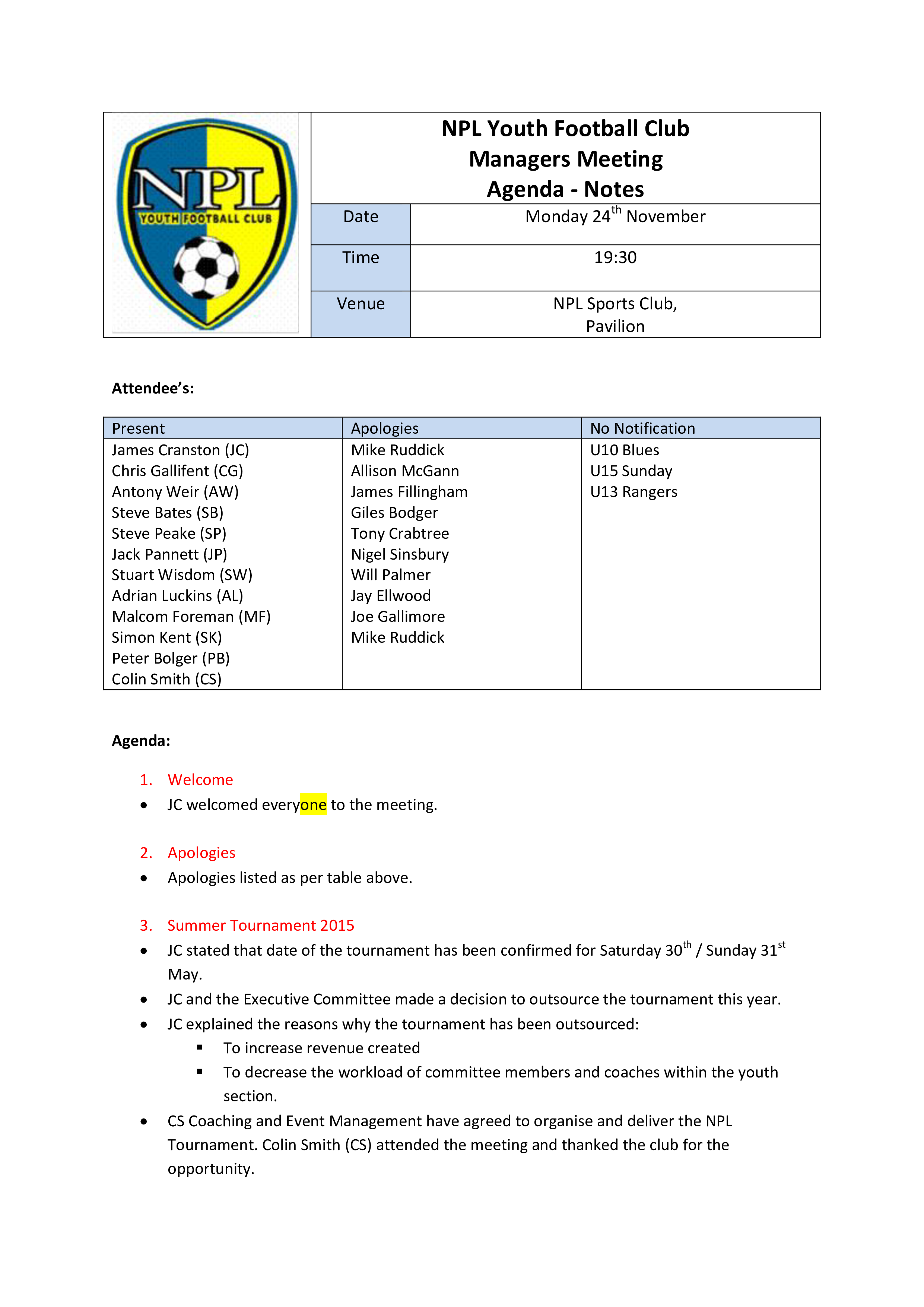 Football Club Meeting Agenda 模板