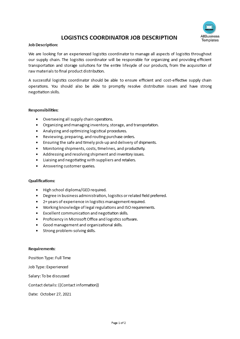 job description logistics supervisor voorbeeld afbeelding 