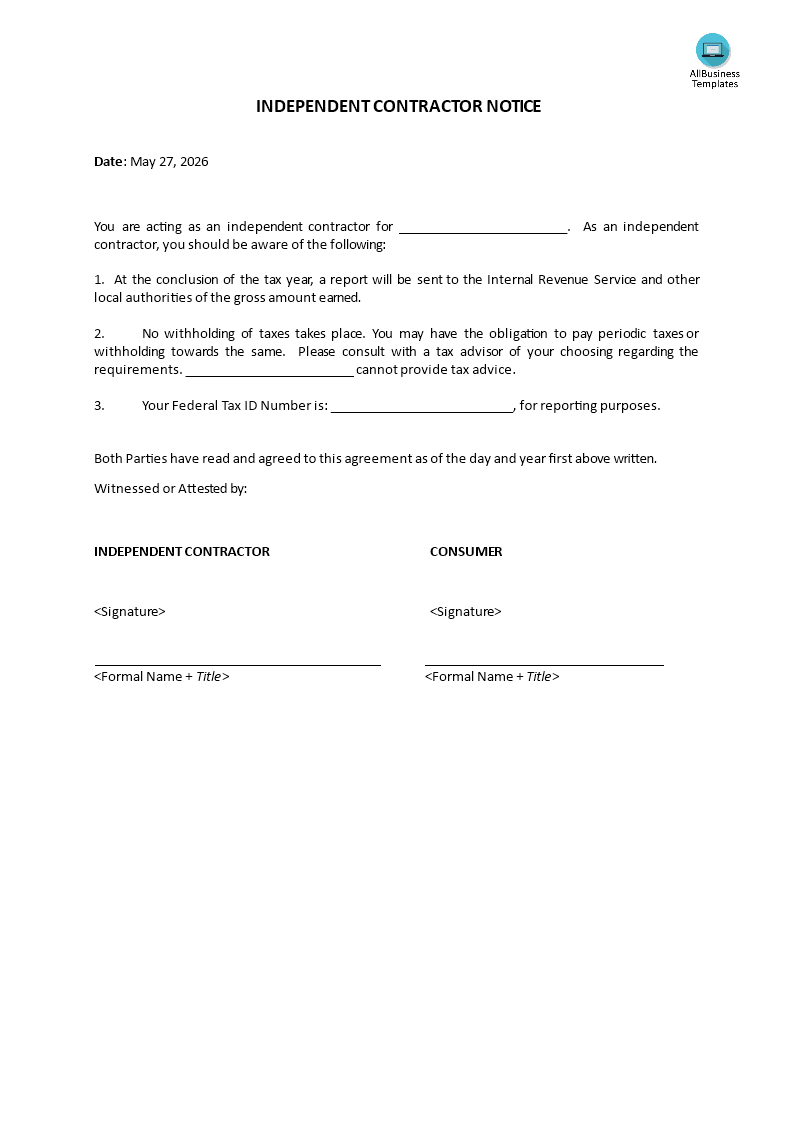 independent contractor notice modèles