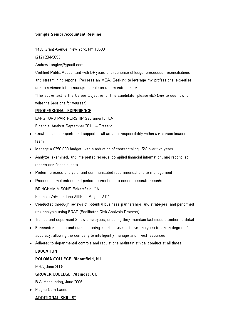 sample senior accountant resume modèles