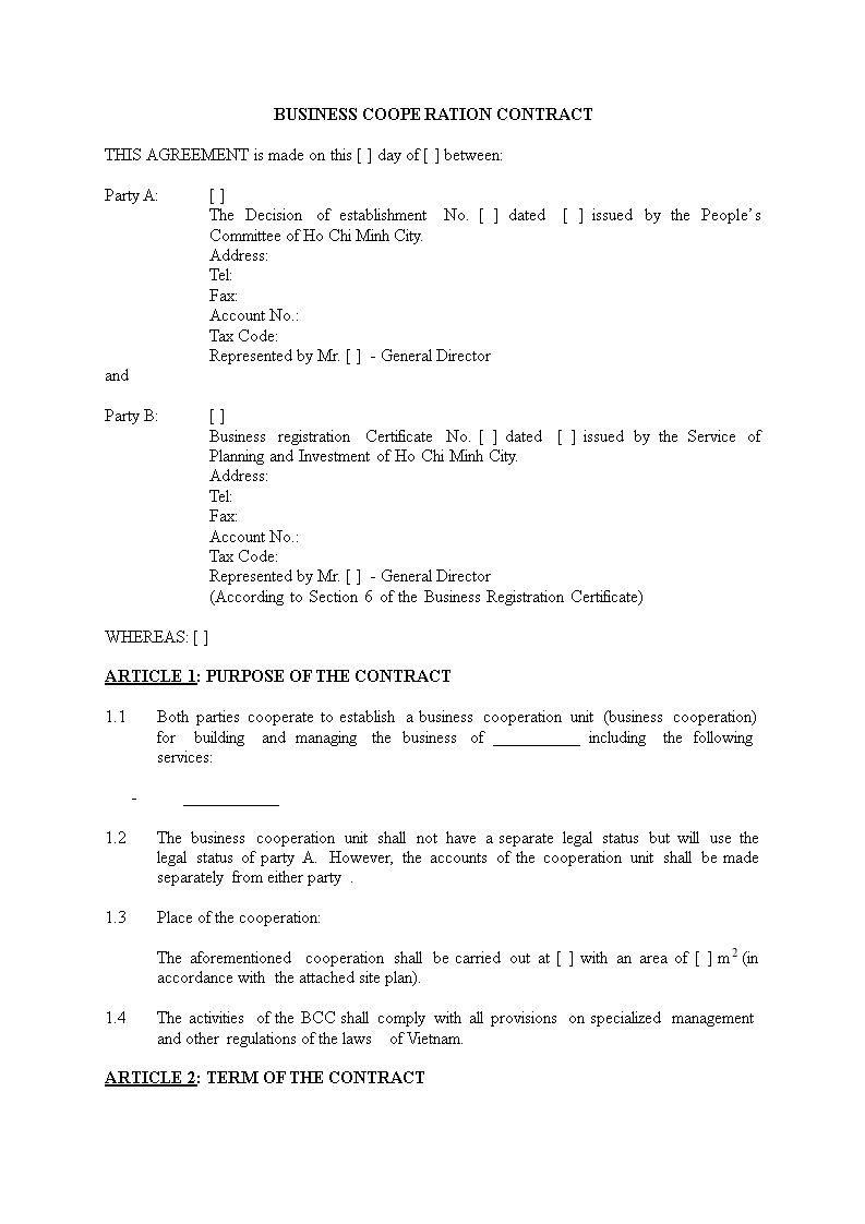 business cooperation contract template