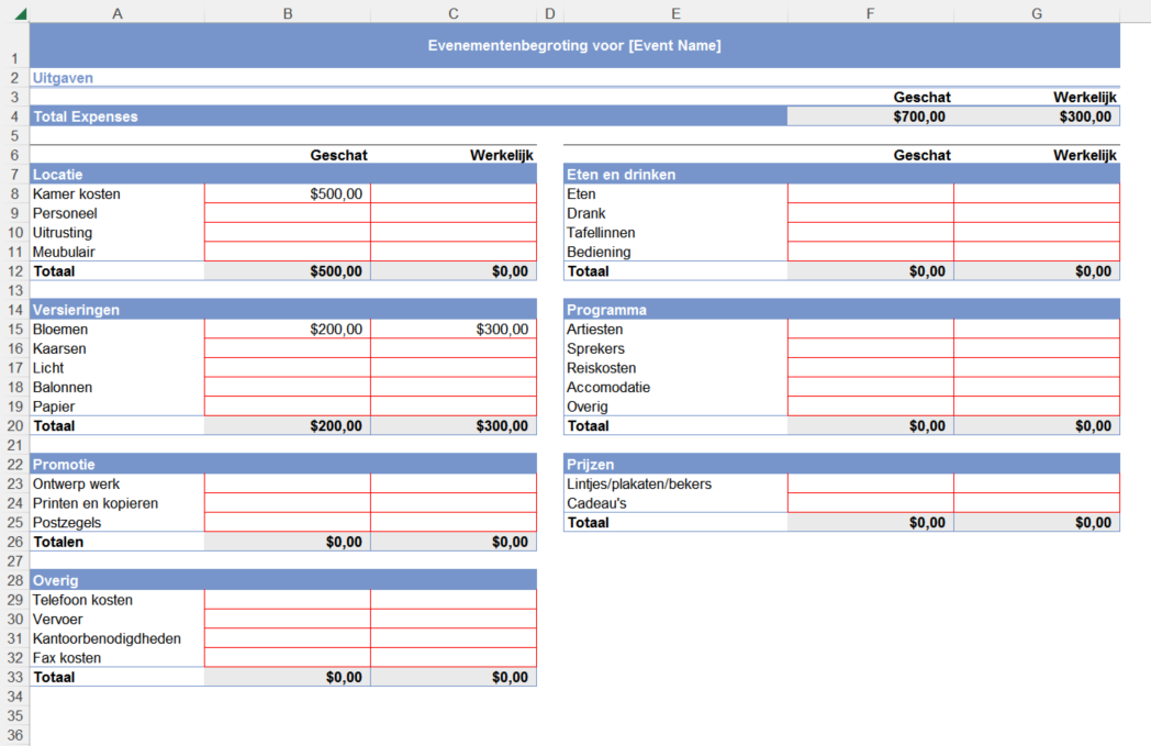 Evenement Begroting Excel 模板
