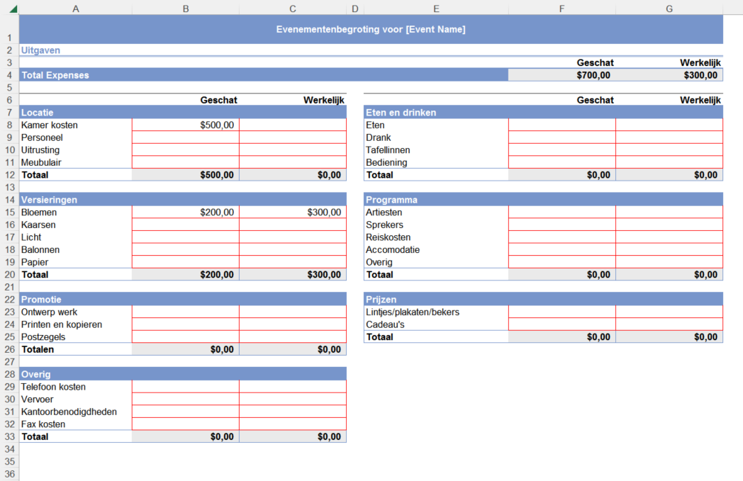 evenement begroting excel template