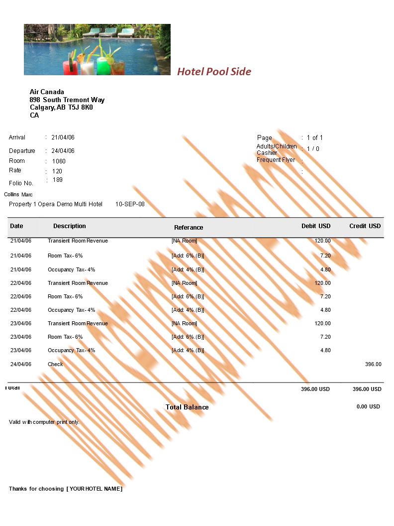 hotel bill receipt template