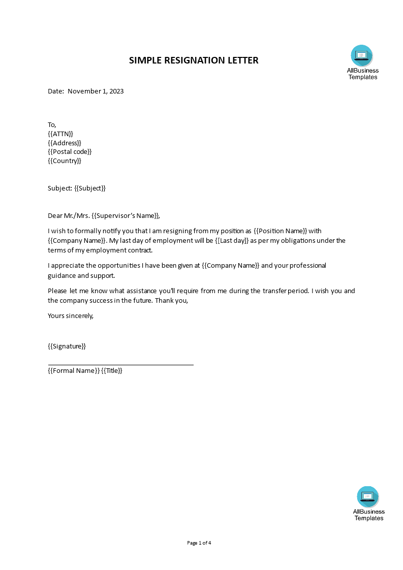 simple resignation letter template