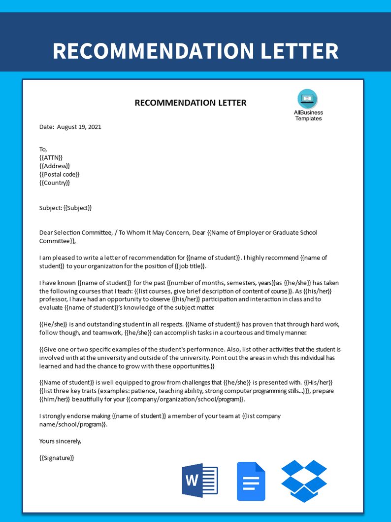 recommendation letter template