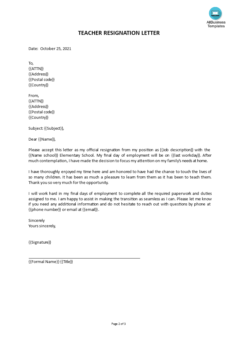 personal teacher resignation letter voorbeeld afbeelding 