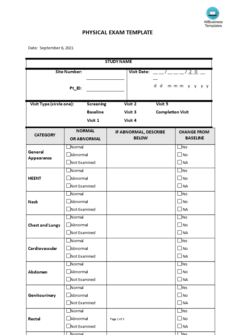Kostenloses Physical Exam Template