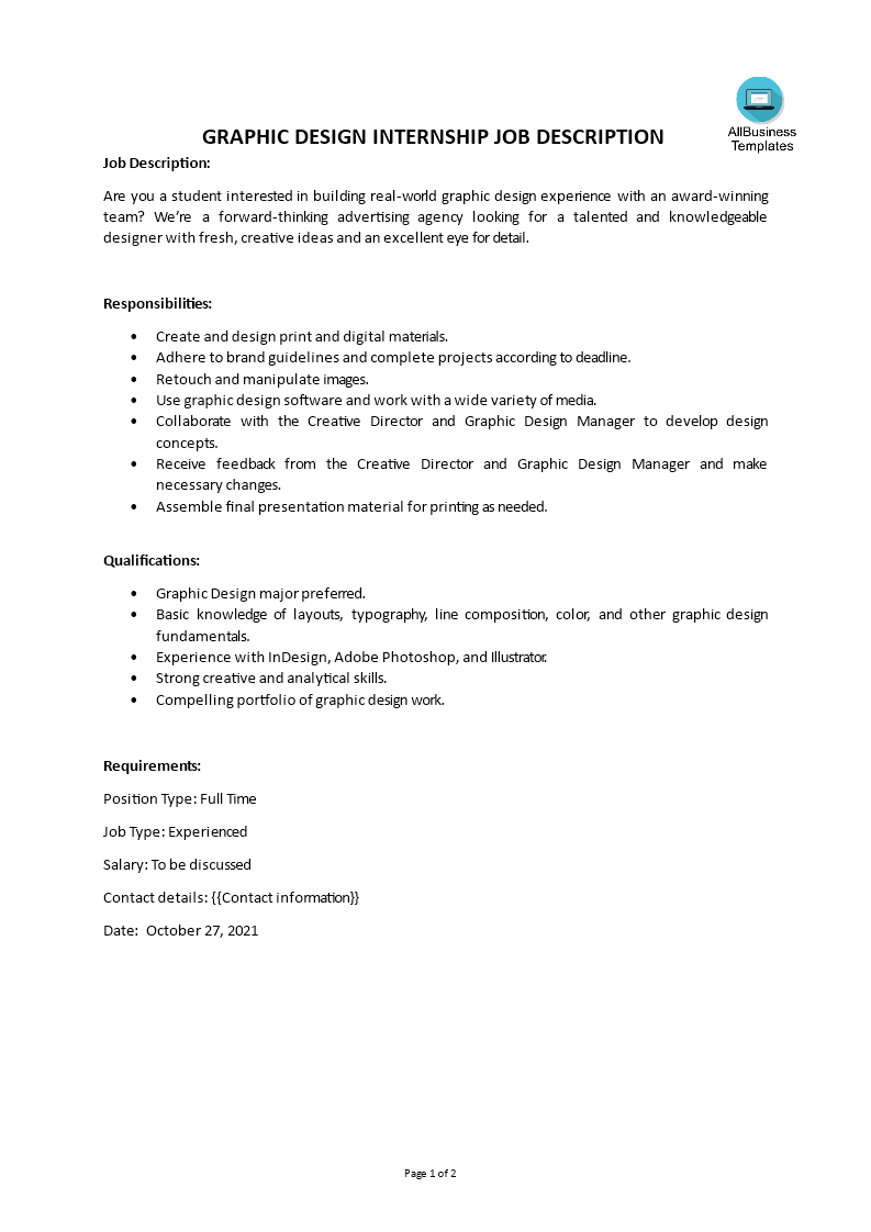 graphic design internship job description modèles