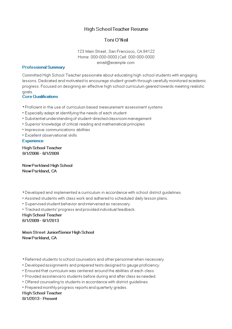 high school teacher resume sample template