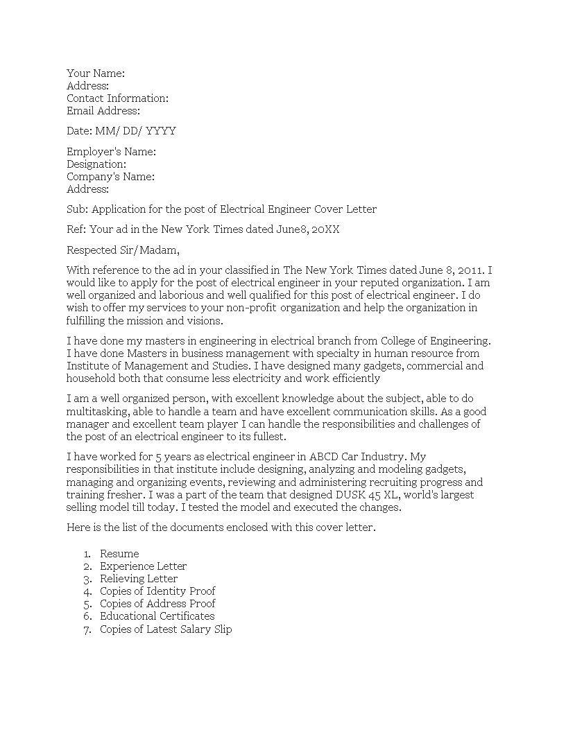 sample cover letter for electrical job