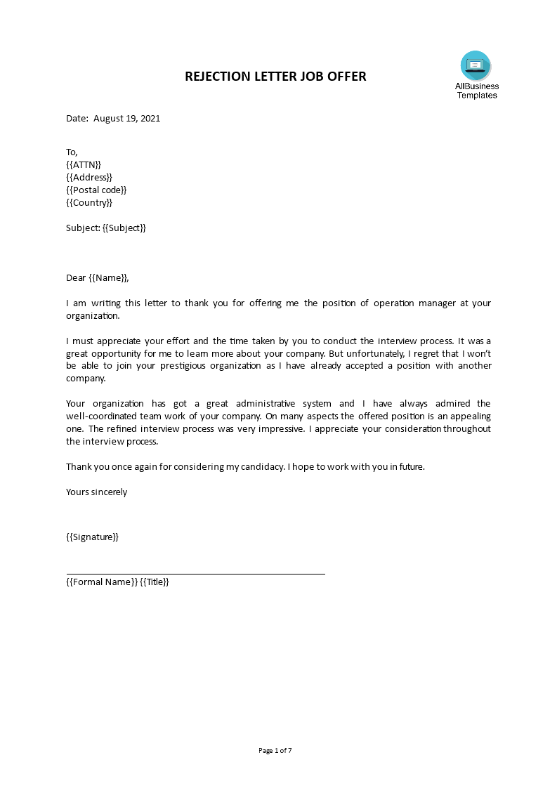 Gratis Rejection Job Offer Letter