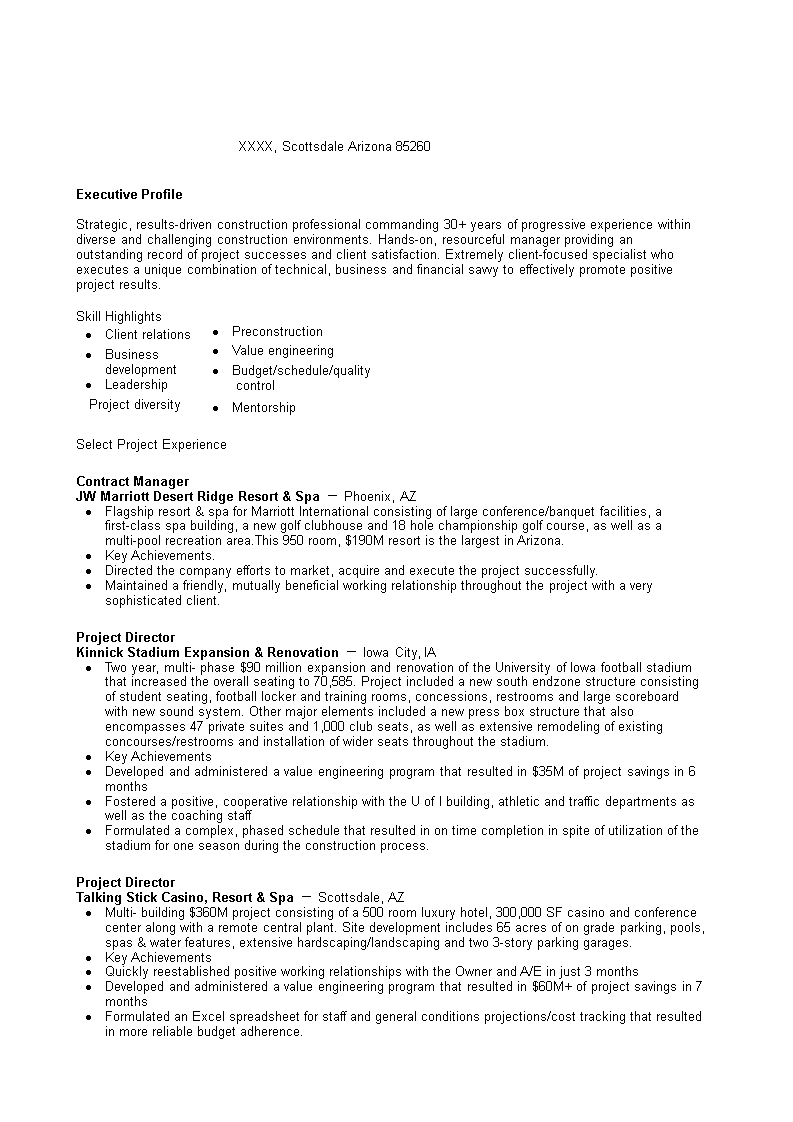 construction contract manager resume modèles