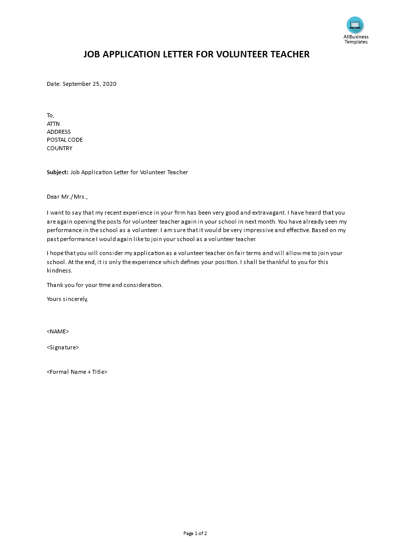 school application letter for volunteer teacher