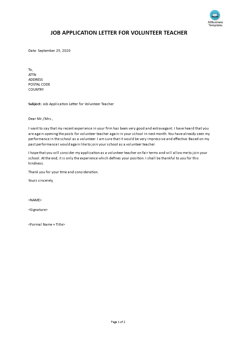 job application letter for volunteer teacher modèles