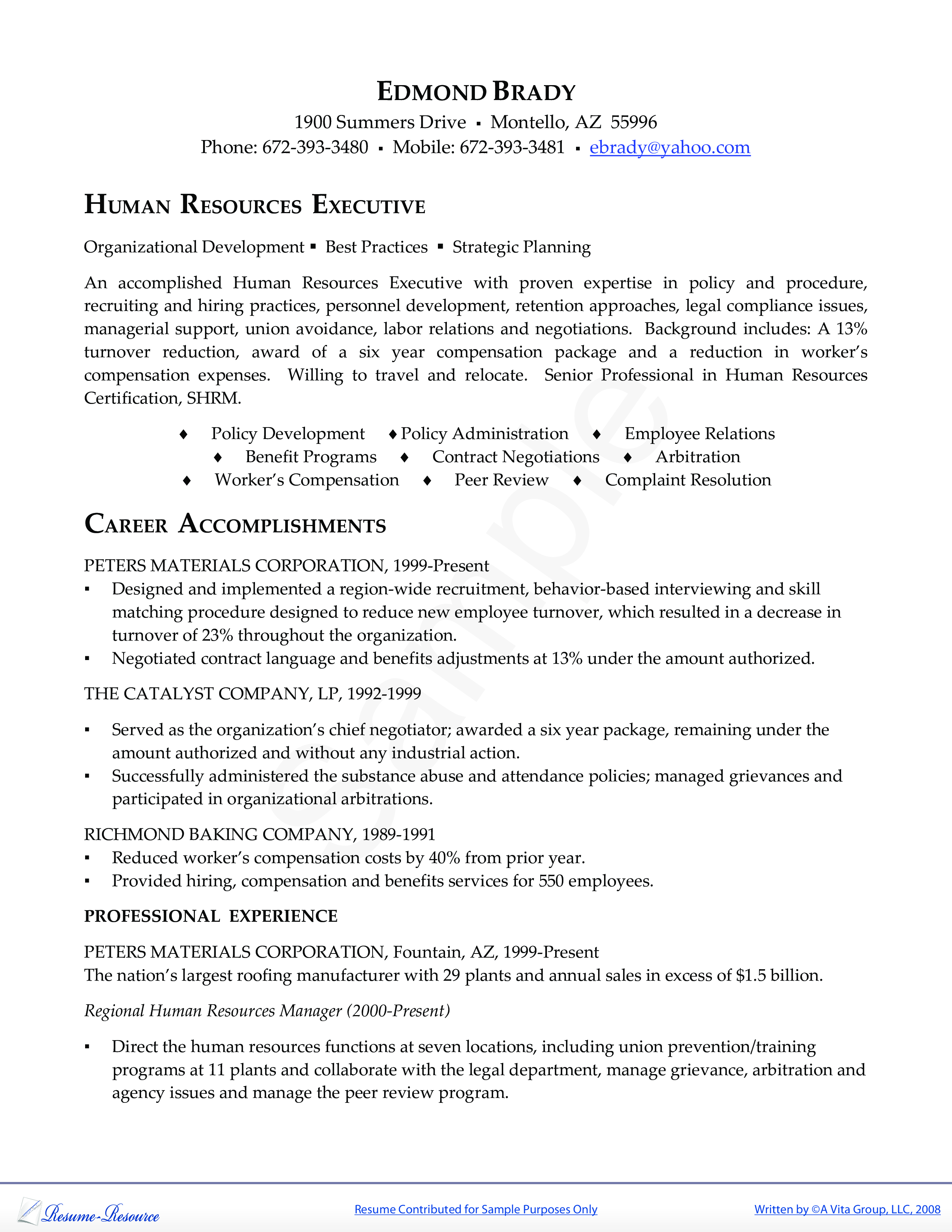 human resources executive resume modèles