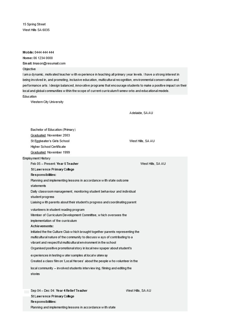 primary teacher resume format in word voorbeeld afbeelding 