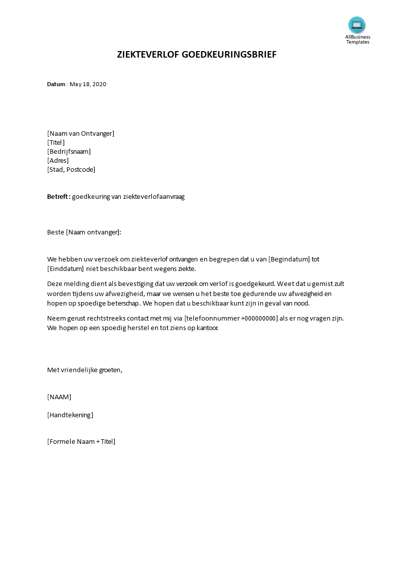 ziekteverlofgoedkeuringsbrief template