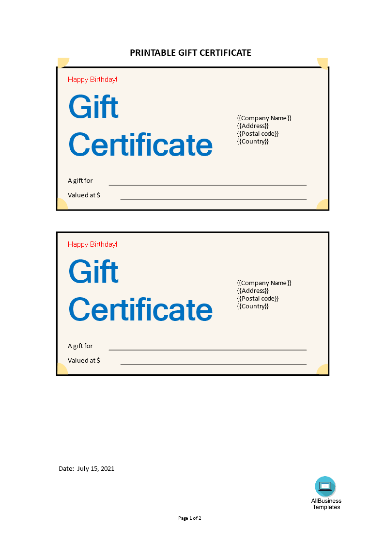 Printable Gift Certificate 模板