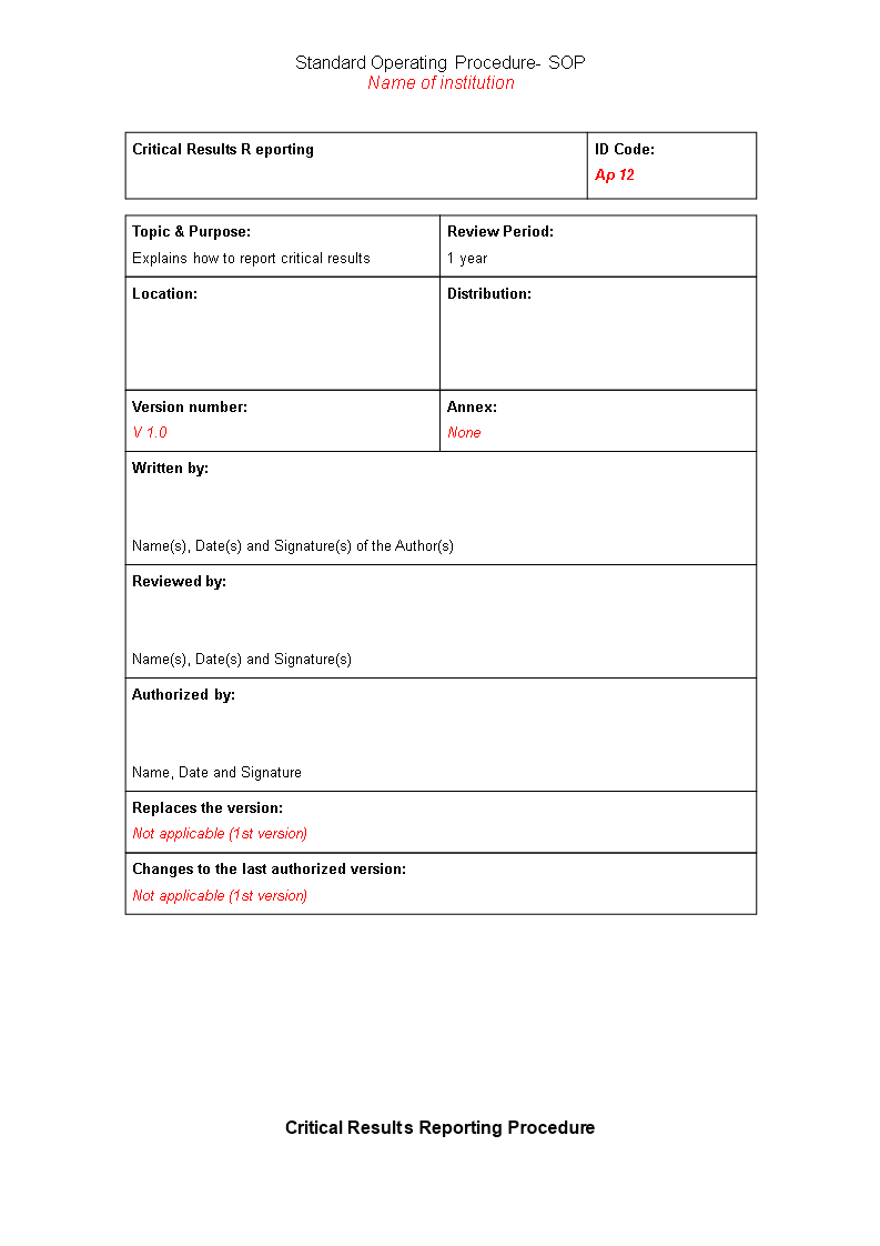 Critical results reporting procedure 模板