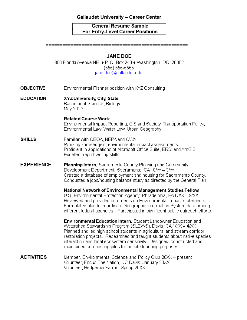 environmental entry level resume modèles