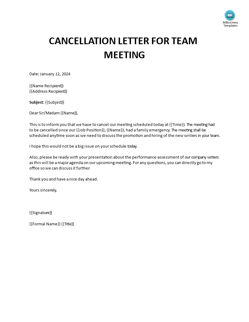 cancellation letter for team meeting template