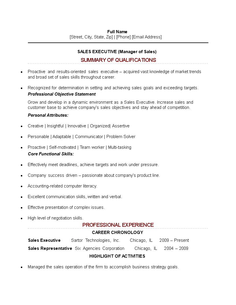 sales executive job resume sample modèles