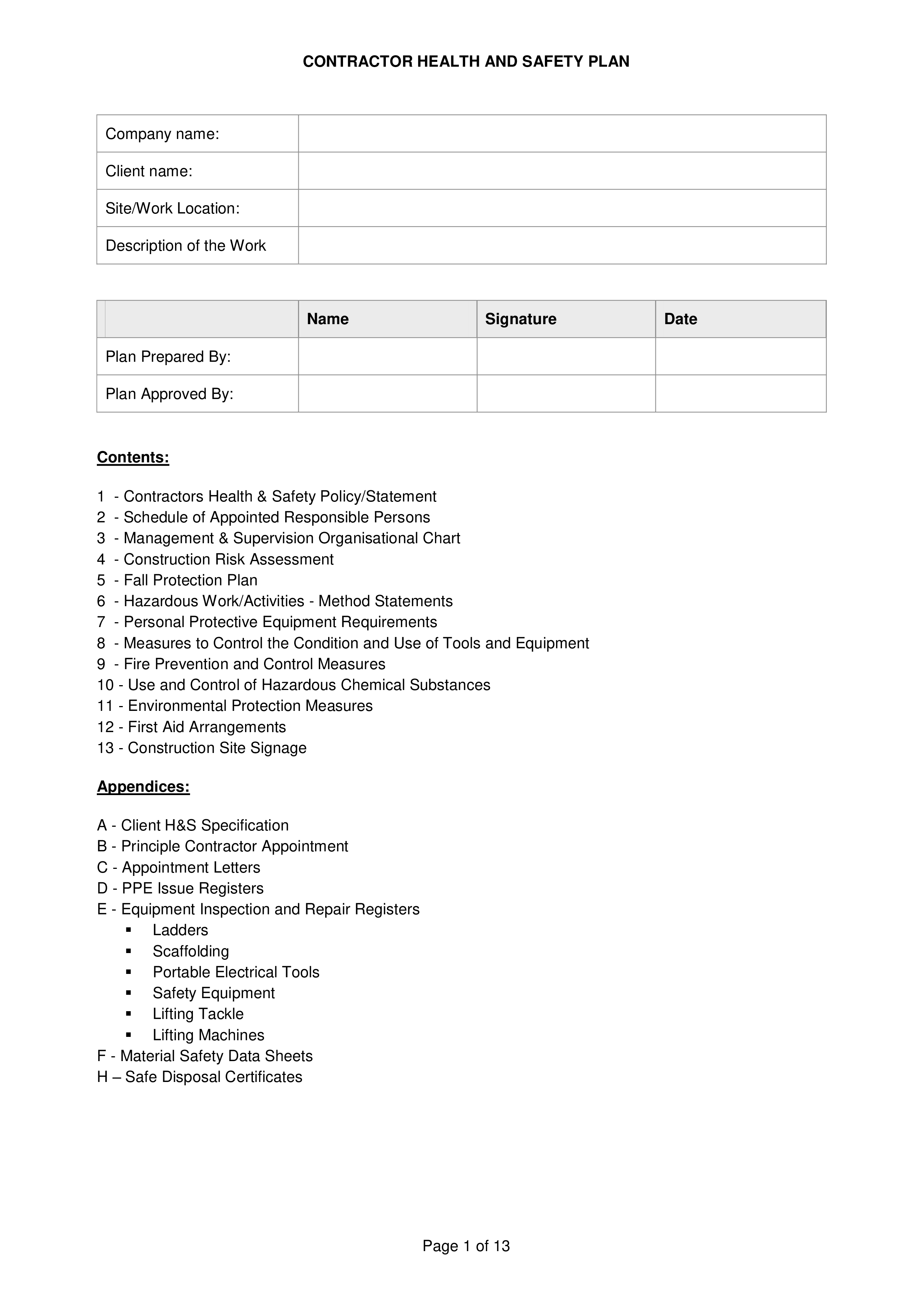 health & safety plan template