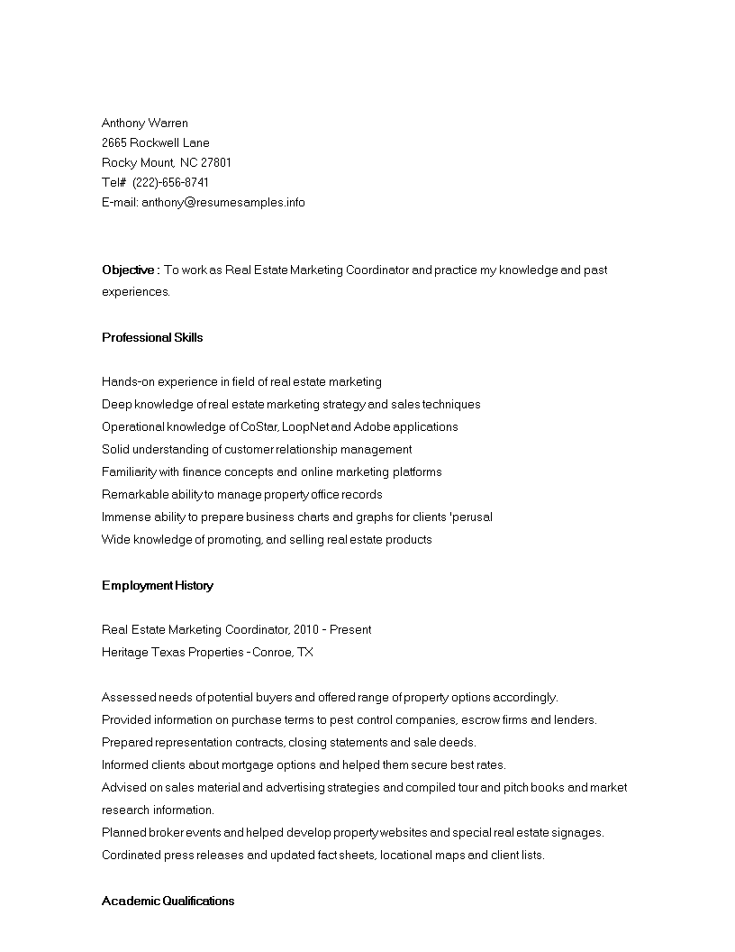 Real Estate Marketing Coordinator Resume 模板