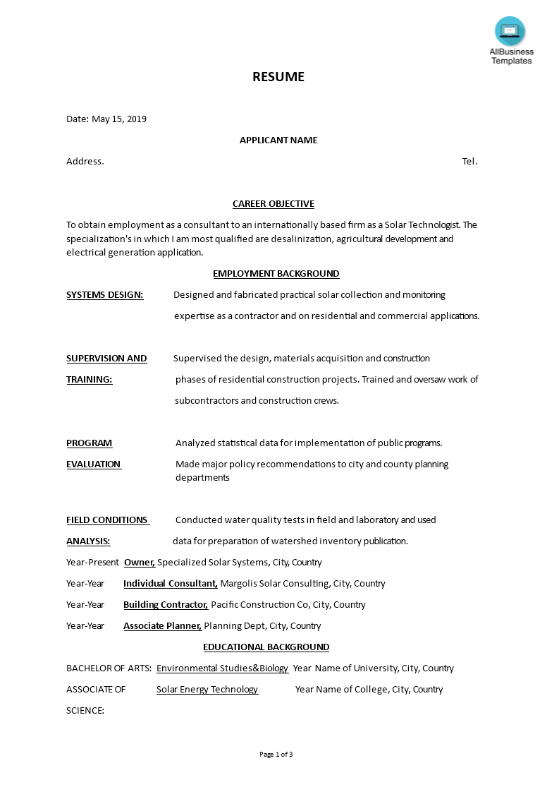 solar technologist functional format resume Hauptschablonenbild