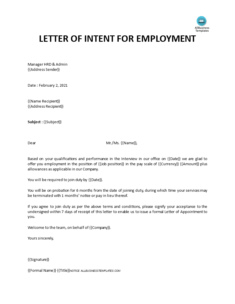 letter of intent employment modèles