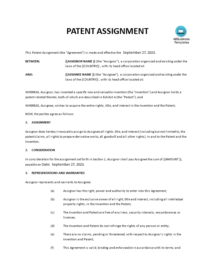 免费Patent Assignment Agreement Template  样本文件在 Inside invention assignment agreement template