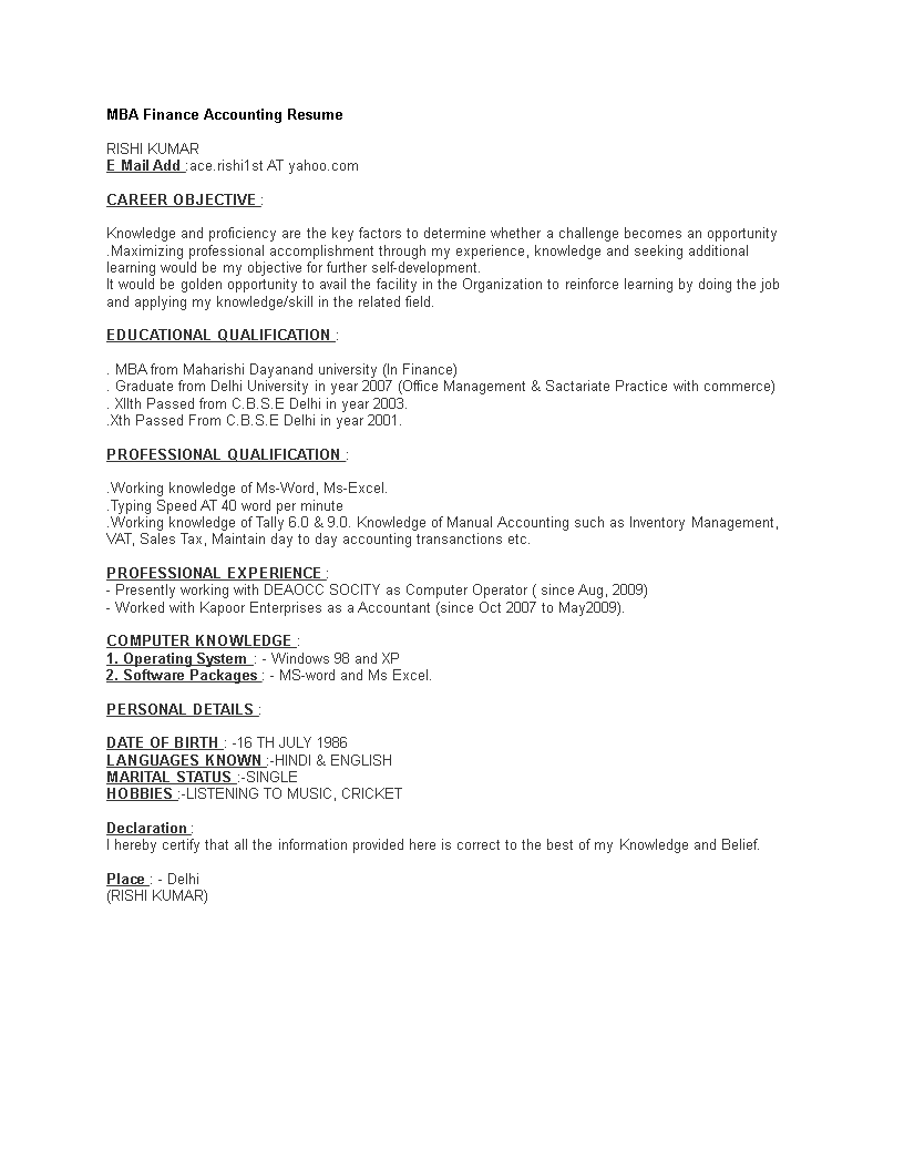 MBA Finance Accounting Resume main image