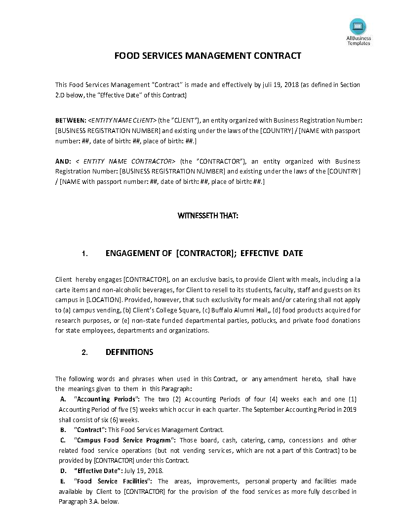 food service management contract template