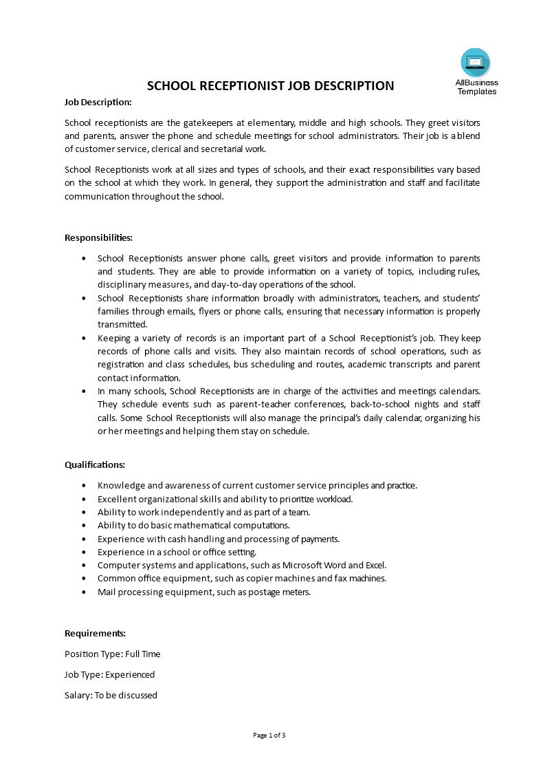 school receptionist job description Hauptschablonenbild